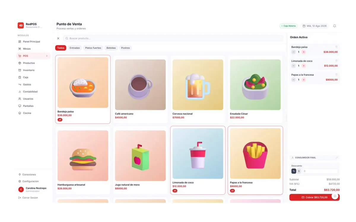 Punto de venta de RedPOS con el catálogo y la orden activa