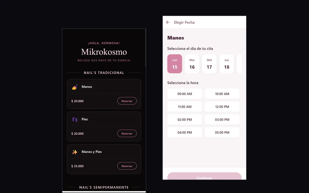 App de Reservas: catálogo de servicios y selección de día y hora