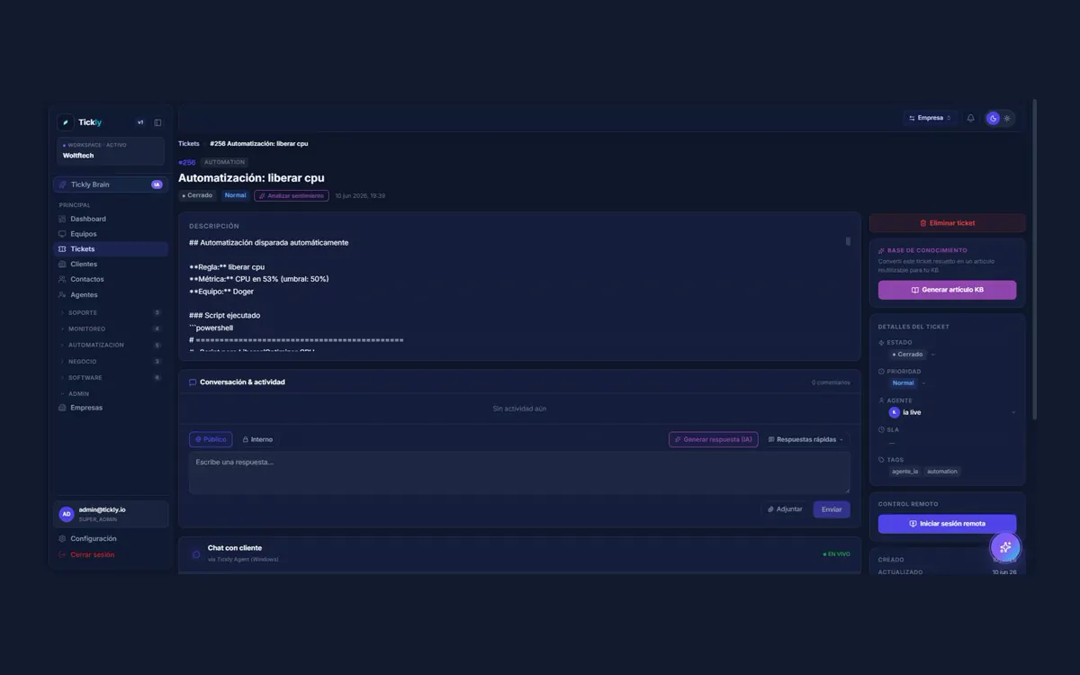 Detalle de un ticket en Tickly con la respuesta de la IA y el control remoto