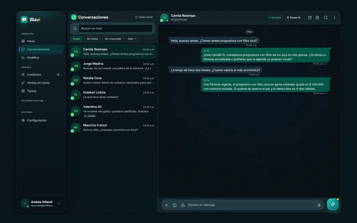 Bandeja de Wavi con las conversaciones de WhatsApp y el chat abierto