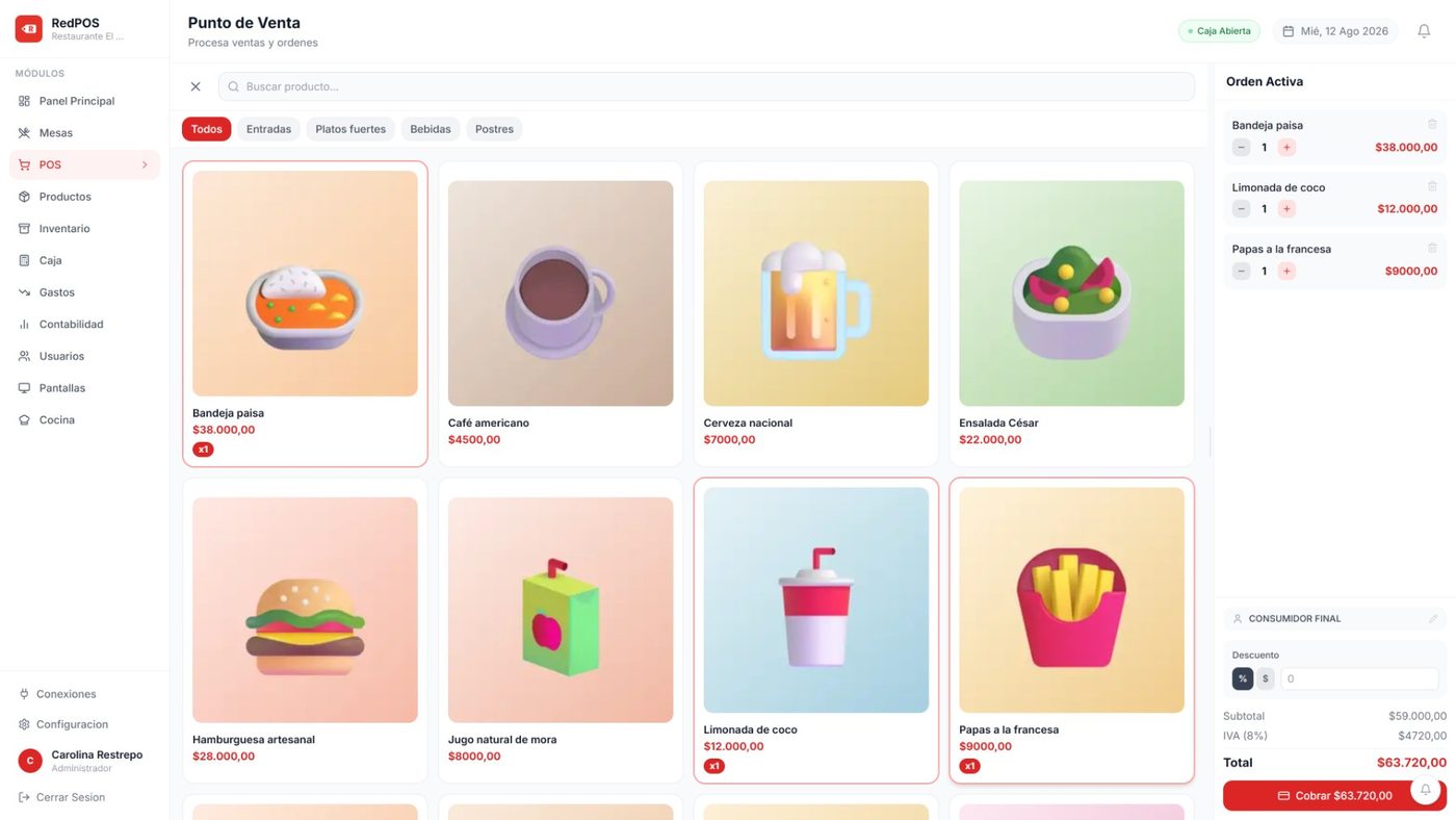 RedPOS: punto de venta con la orden activa y el total a cobrar