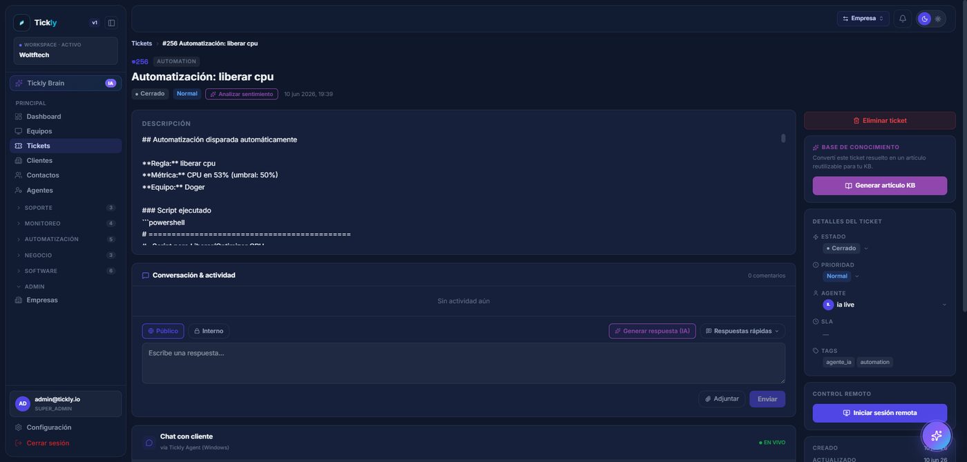 Tickly: detalle de un ticket con la base de conocimiento y el control remoto