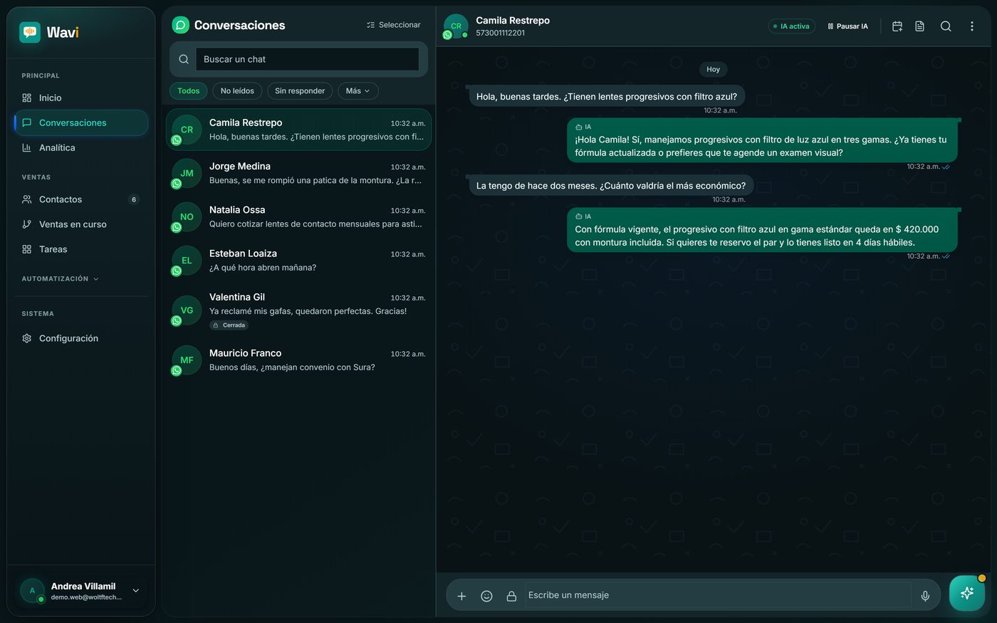 Wavi: bandeja de WhatsApp con la IA respondiendo a un cliente
